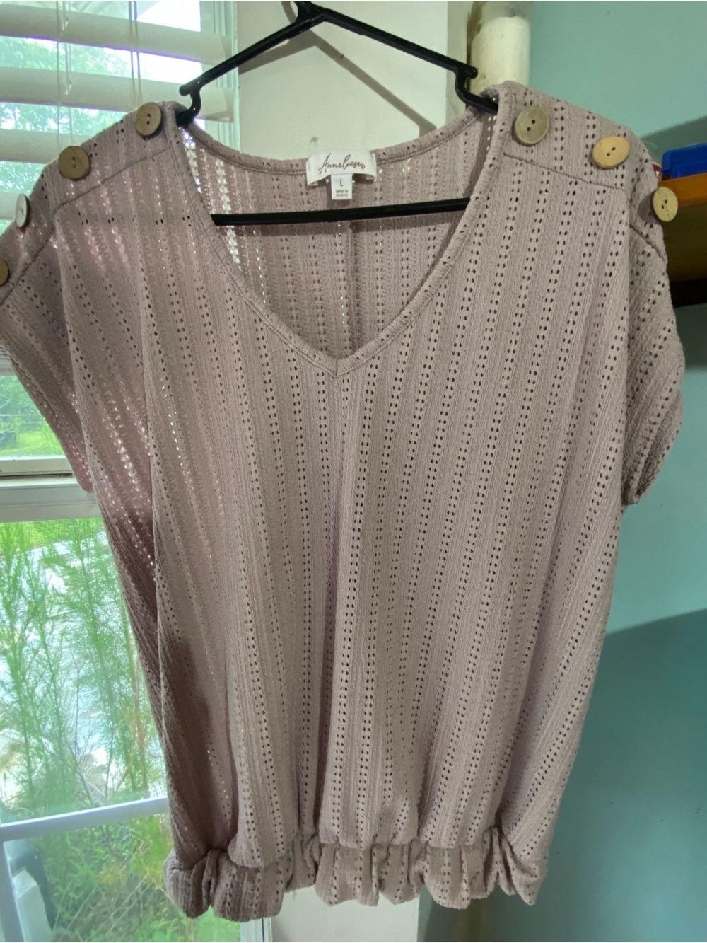 Button-Shoulder V-Neck Knit Top in Mauve
